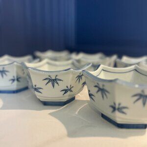 Vintage Blue and White Porcelain Bamboo Motif Bowls- Set of 6